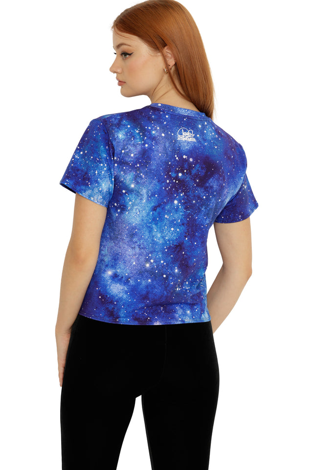 Cosmic printed tie front tee from the Lora Zombie collection showcasing starry blue tones and expressive illustrated details.