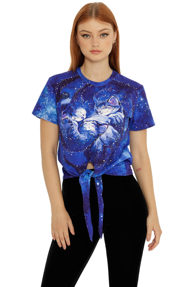 Lora Zombie Celestial Cuddling Tie Front Tee with a crew neckline, short sleeves, and adjustable tie-front hem.