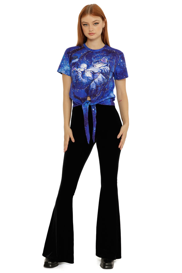 Front view of the Celestial Cuddling Tie Front Tee from the Lora Zombie collection, featuring a deep blue cosmic print and illustrated artwork.