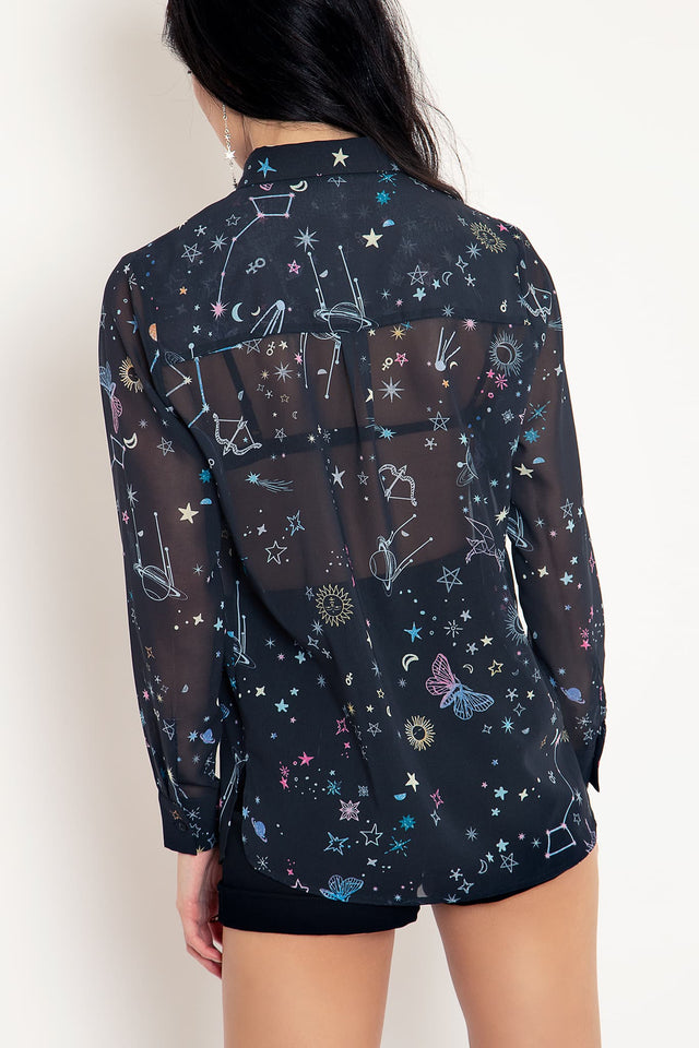 Celestial Sketch Sheer Button Me Up Shirt
