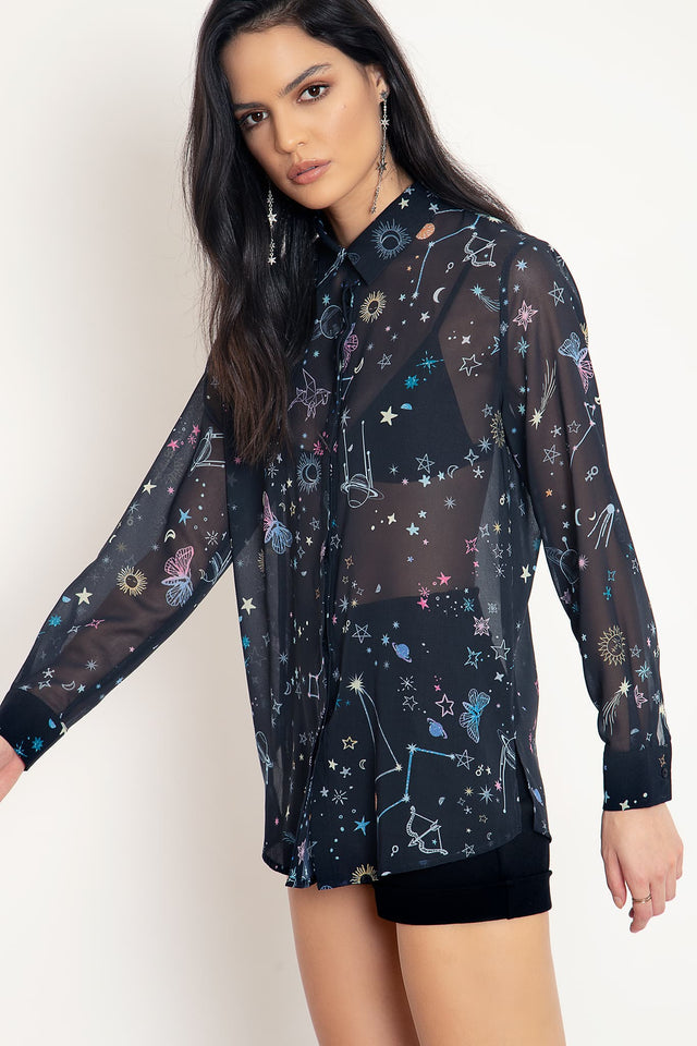 Celestial Sketch Sheer Button Me Up Shirt