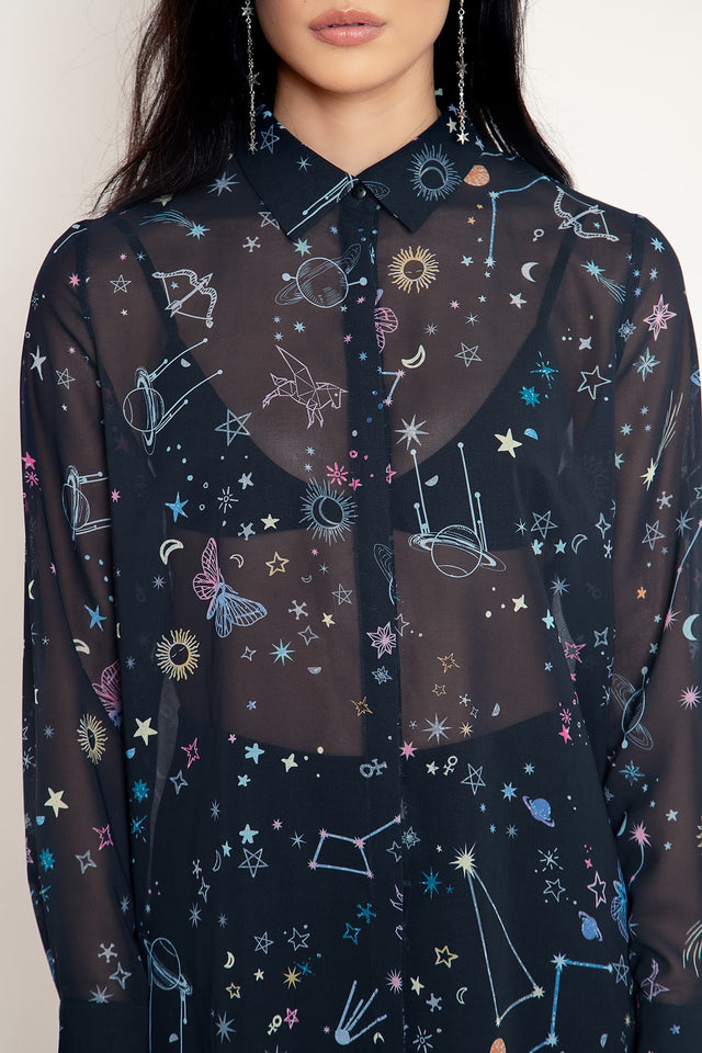 Celestial Sketch Sheer Button Me Up Shirt