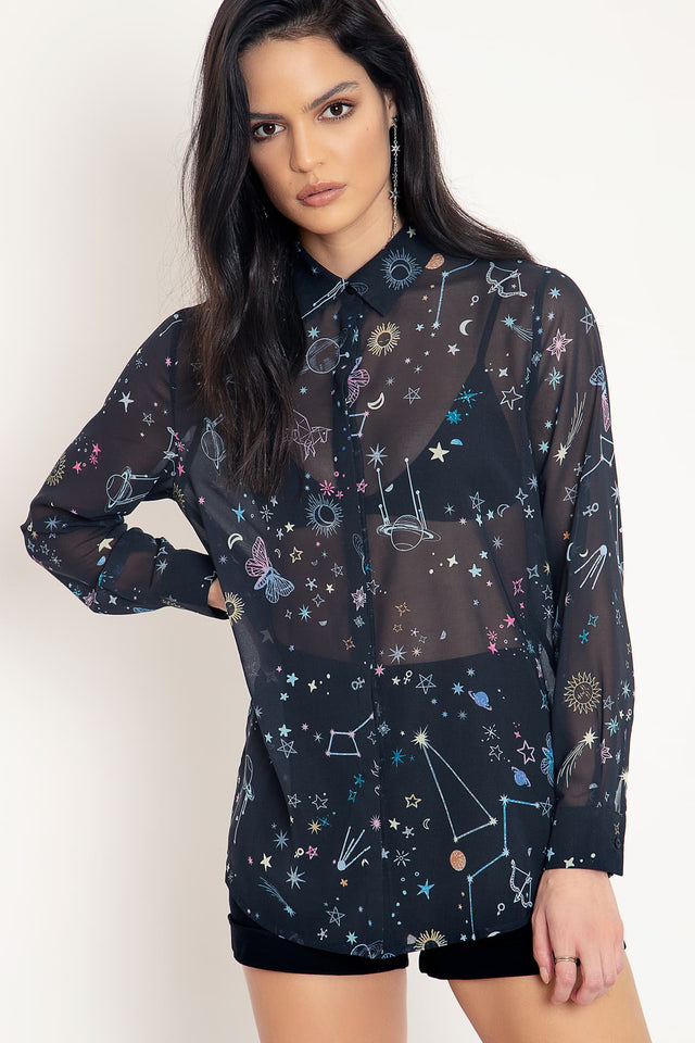 Celestial Sketch Sheer Button Me Up Shirt