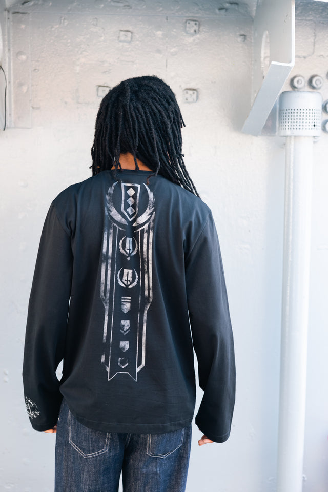Fallout x BlackMilk oversized black long sleeve tee with Brotherhood of Steel artwork and atomic orbit graphic.