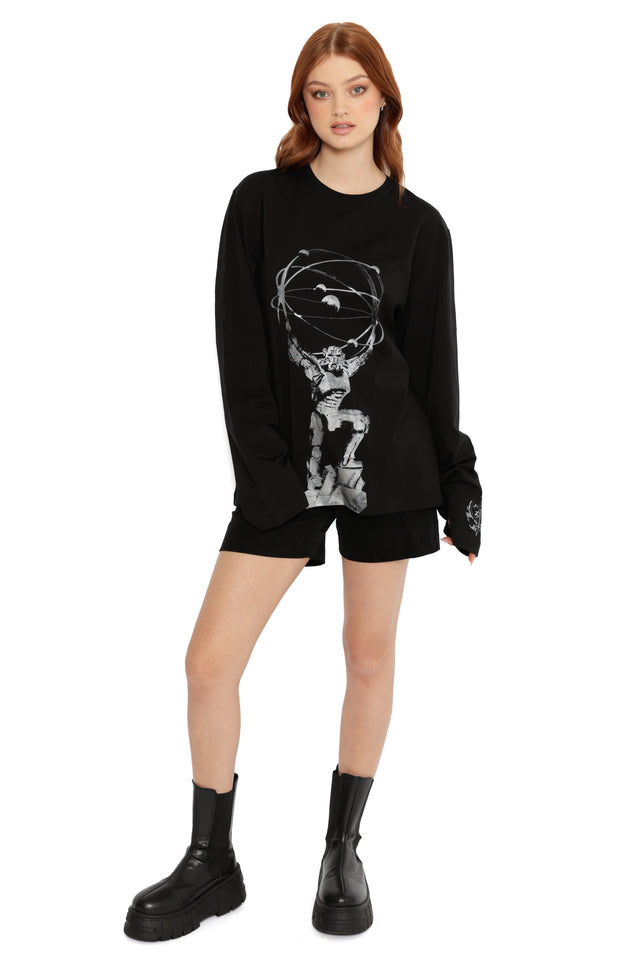 Black Fallout x BlackMilk Chain That Binds Long Sleeve Shirt with bold white Brotherhood statue print inspired by Fallout.