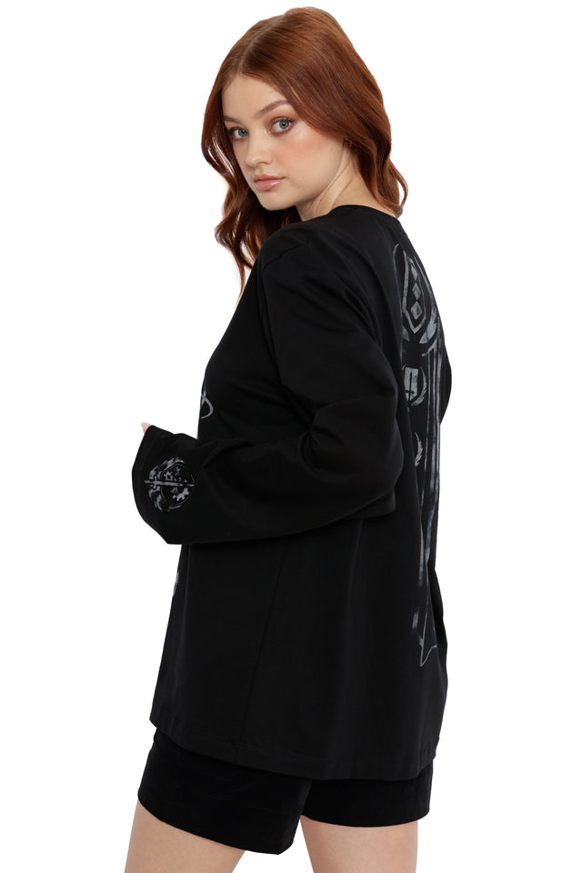 Fallout x BlackMilk Brotherhood of Steel inspired long sleeve tee with atomic-style print and relaxed fit.