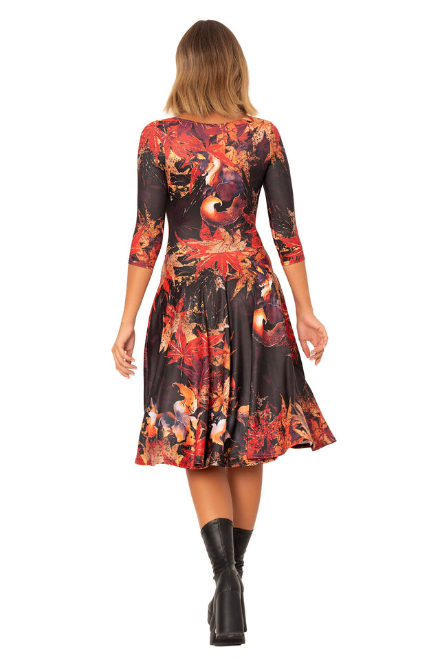 Midi dress with scoop neckline, three quarter sleeves and kitsune fox illustration in rich red and black tones