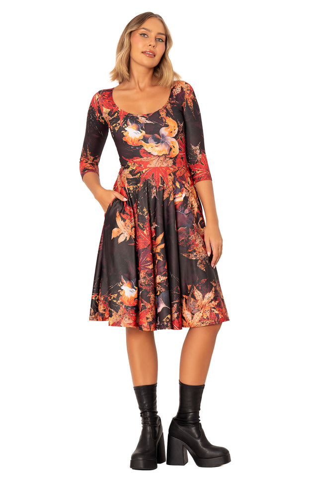 Women’s midi dress featuring three quarter sleeves, scoop neck and Japanese kitsune inspired fox artwork