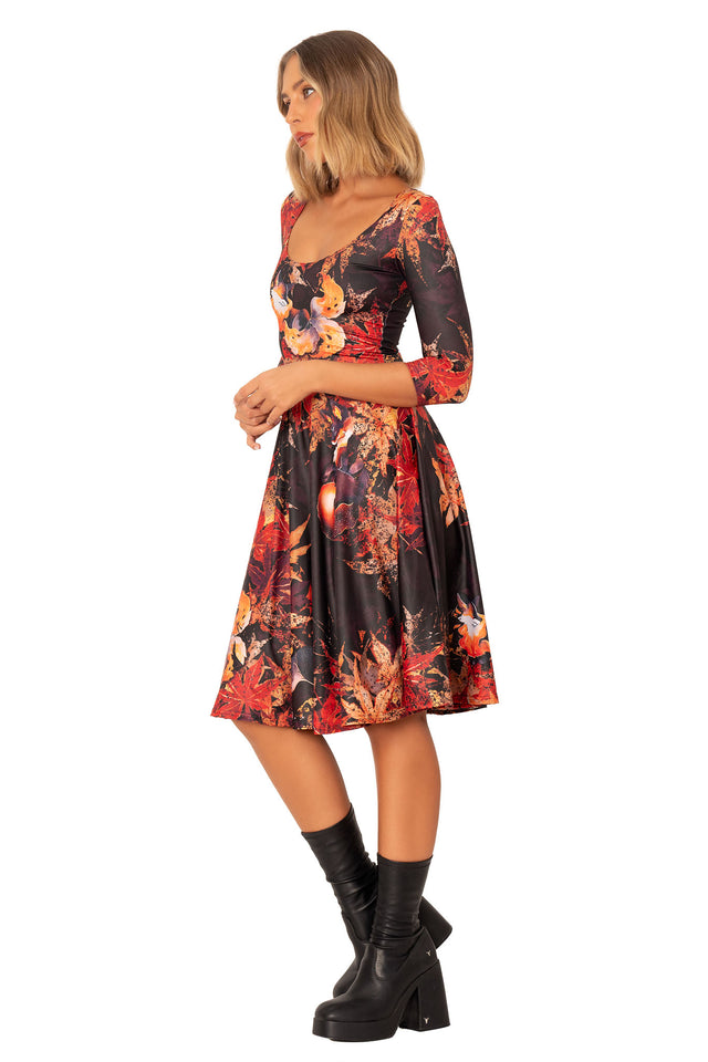 Front full image of Cheeky Kitsune 3/4 Sleeve Scoop Midi Dress with fit and flare silhouette and autumn leaf print