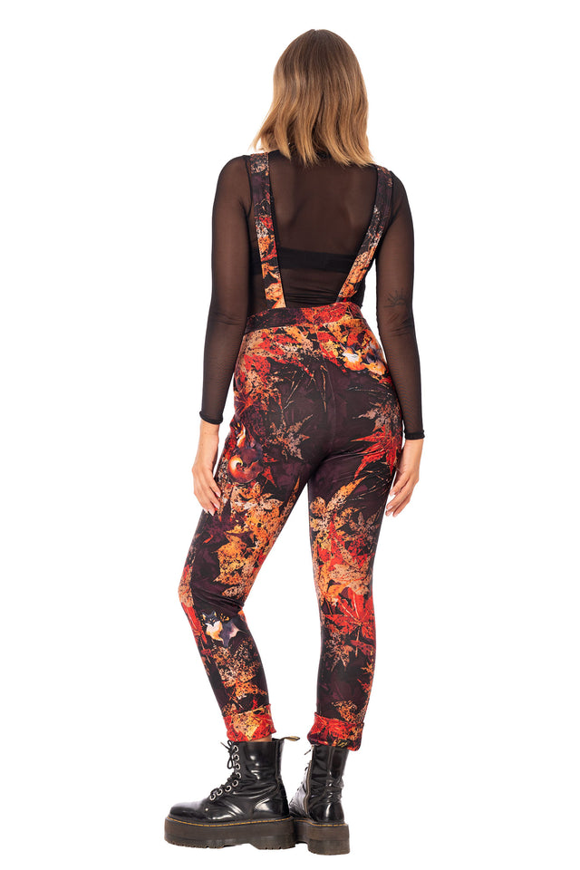 Japanese folklore inspired overalls featuring fox artwork, adjustable straps and statement printed design
