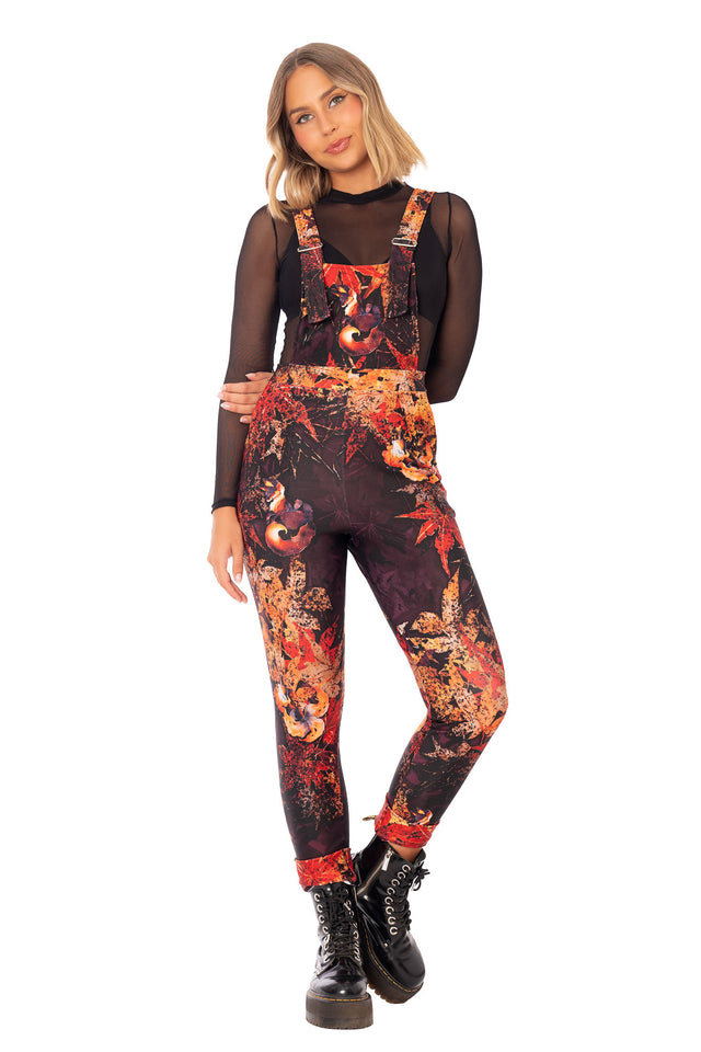 Printed overalls with adjustable straps, wide leg fit and autumn toned kitsune fox design