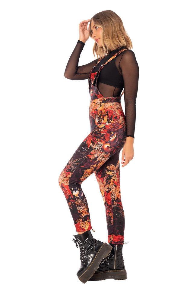 Cheeky Kitsune Overalls with wide leg silhouette, full length fit and autumn fox print for casual statement styling
