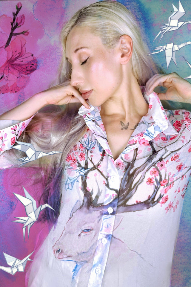 Cherry Blossom Deer Long Sleeve Business Time Shirt