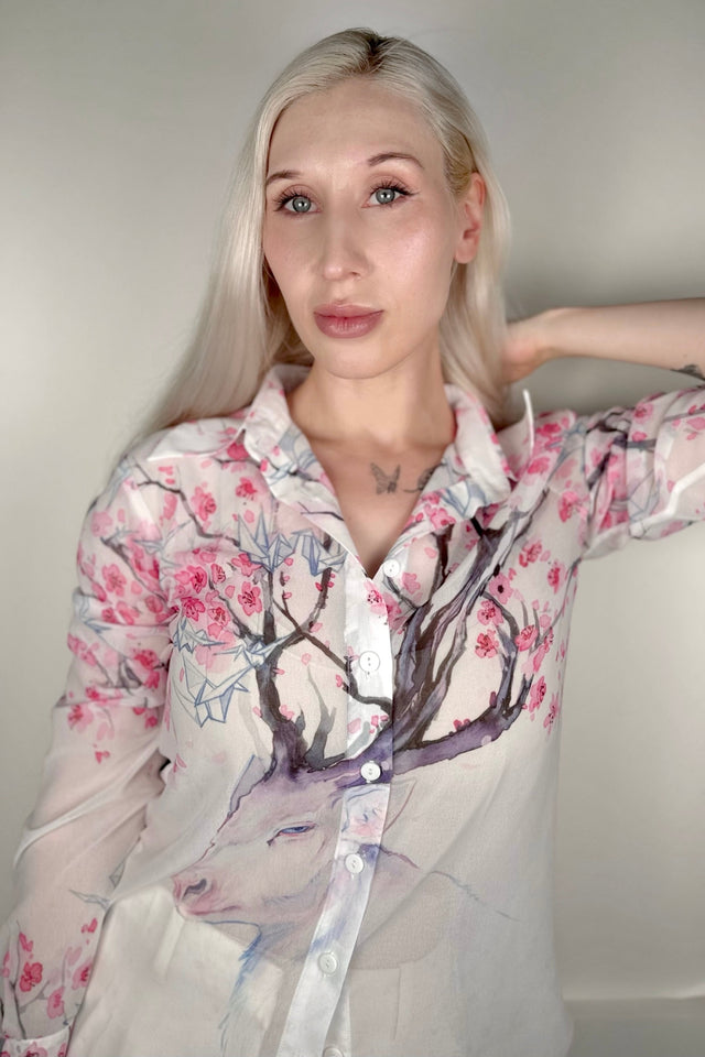 Cherry Blossom Deer Long Sleeve Business Time Shirt