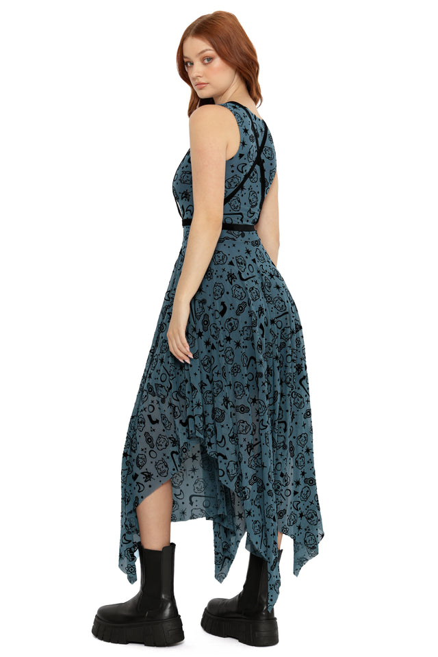 Fallout x BlackMilk Commonwealth Choices Dress with playful Vault-Tec inspired icons and flowing asymmetrical skirt.