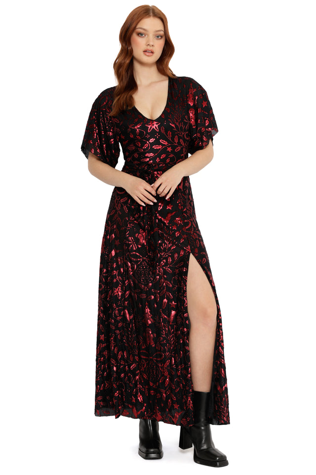 BlackMilk | Burned Velvet Crimson Carol Kimono Maxi Dress | Red | XS BlackMilk | Burned Velvet Crimson Carol Kimono Maxi Dress | Red | XS