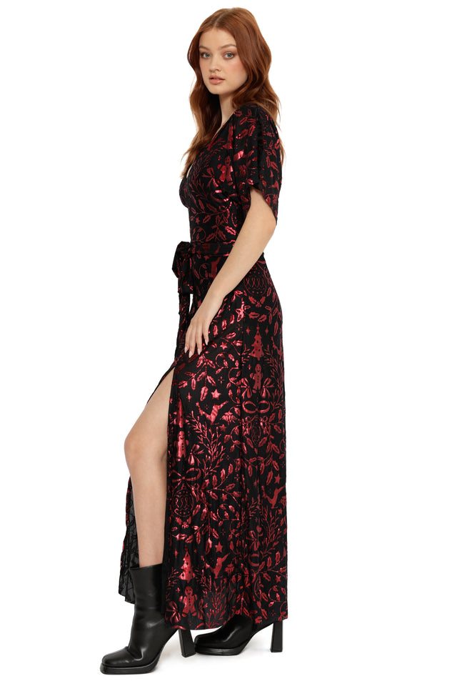 red kimono style maxi dress by BlackMilk with leg split