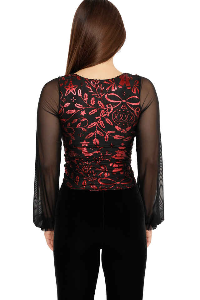 red floral velvet ruched top christmas night out look