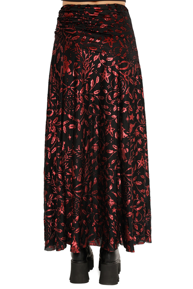 red lace maxi skirt with side slit
