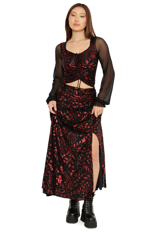 festive crimson long skirt with thigh split