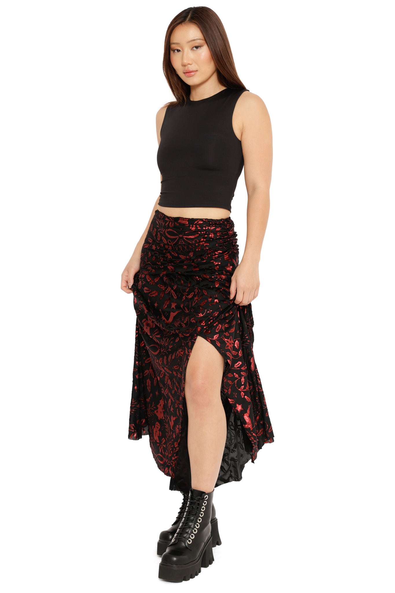 Burned Velvet Crimson Carol Split Maxi Skirt - Limited – BlackMilk