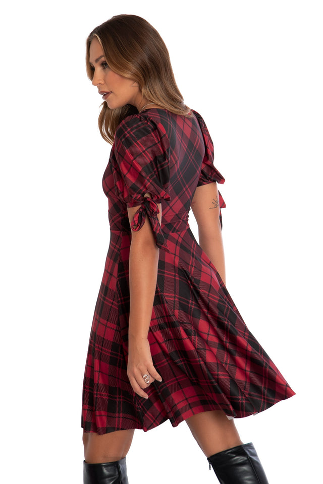 Tartan Crimson Tie Sleeve Longline Dress