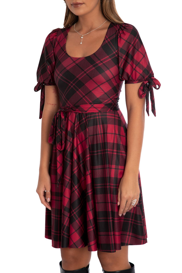 BlackMilk Clothing - Christmas Collection - Wreck The Halls - Crimson Tartan Tie Sleeve Longline Dress