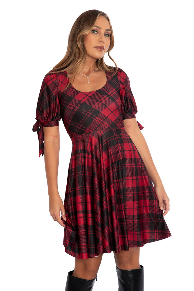 Tartan Crimson Tie Sleeve Longline Dress