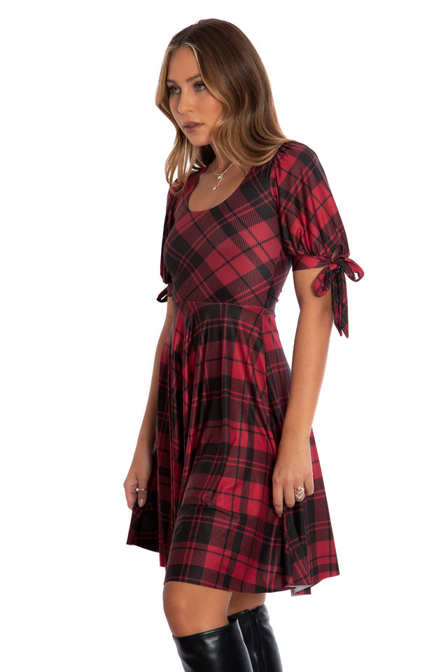 Tartan Crimson Tie Sleeve Longline Dress