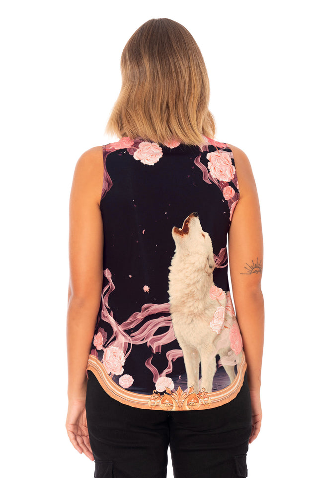 Front close image of Crying to the Moon Business Time Shirt with fitted sleeveless shape and dark fantasy wolf artwork