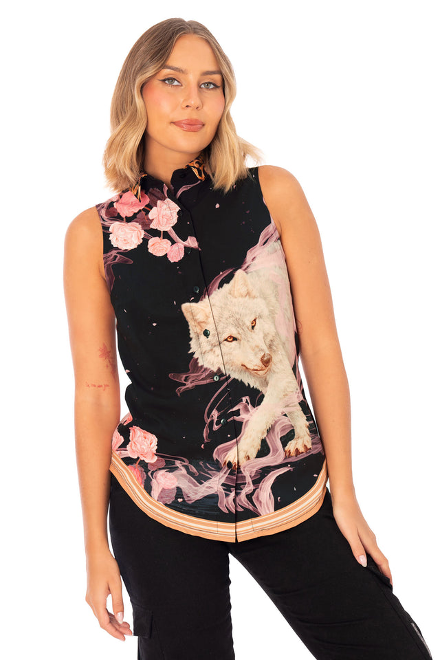 Crying to the Moon Business Time Shirt front close view showing sleeveless button up shirt with wolf print, floral artwork and tailored silhouette