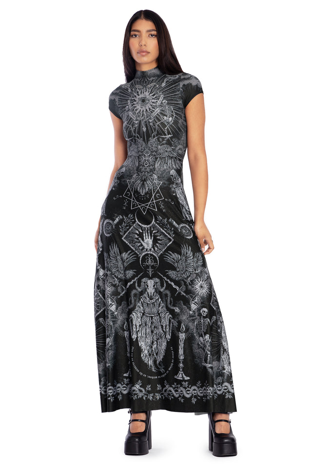 BlackMilk Clothing - Dark Rites High Neck Cap Sleeve Maxi Dress