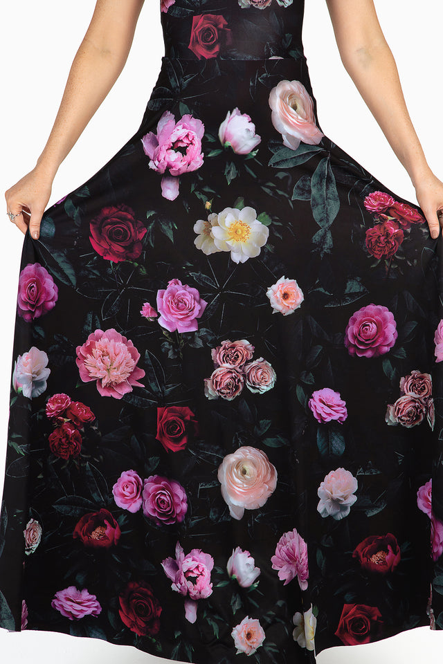 Dark Rose Princess Maxi Dress with sleeveless fitted bodice, defined waist and dramatic flared maxi skirt in all over rose print