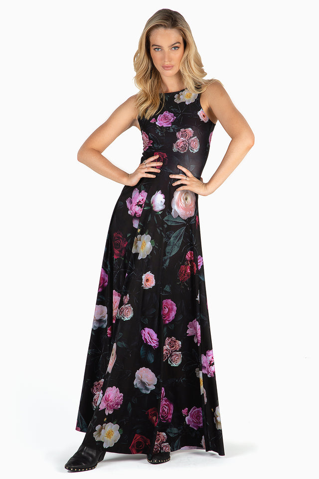 Dark Rose Princess Maxi Dress by BlackMilk Clothing featuring black base with dark rose floral print, sleeveless fitted bodice and flowing princess maxi skirt