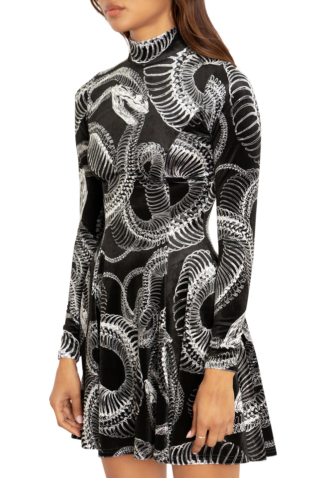 BlackMilk Clothing - Dead Snake Velvet Long Sleeve Mini Skater Dress