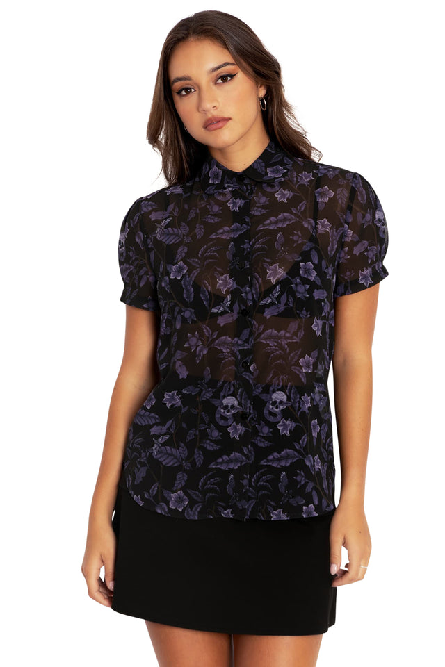 Deadly Nightshade Puff Sleeve Cute As A Button Shirt  Closeup