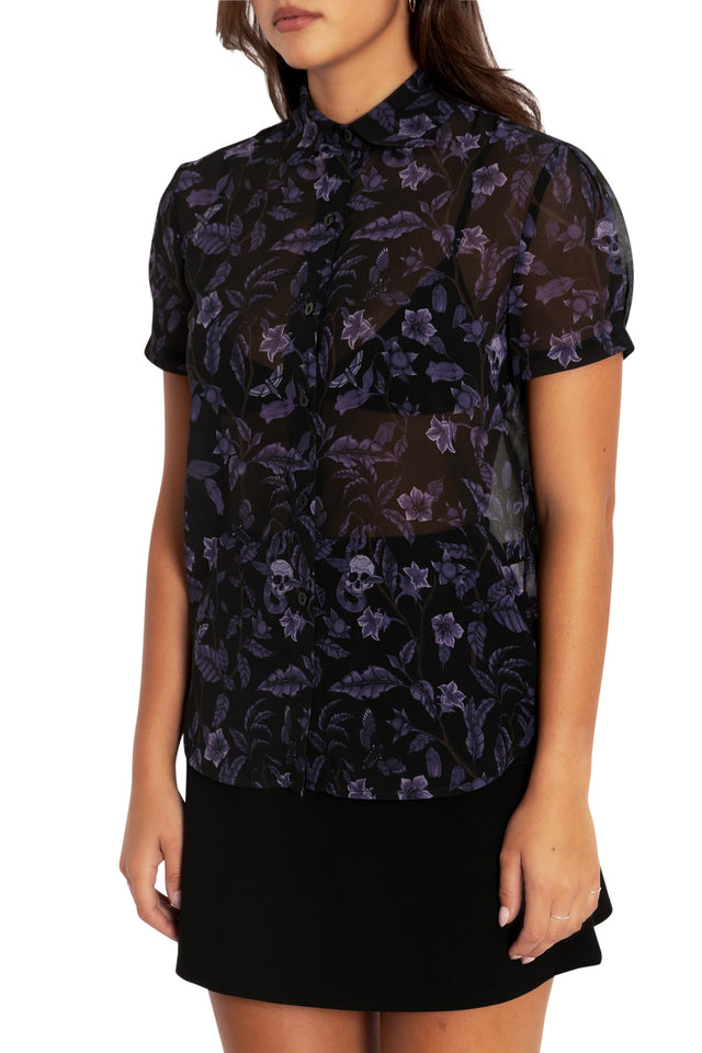 Deadly Nightshade Puff Sleeve Cute As A Button Shirt Closeup