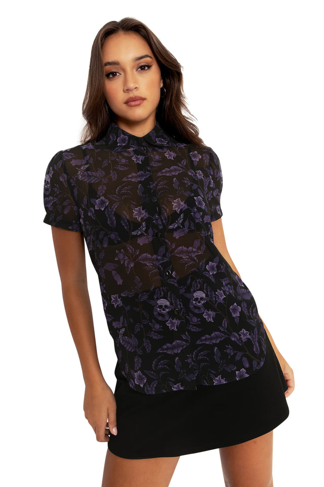 Deadly Nightshade Puff Sleeve Cute As A Button Shirt Wide