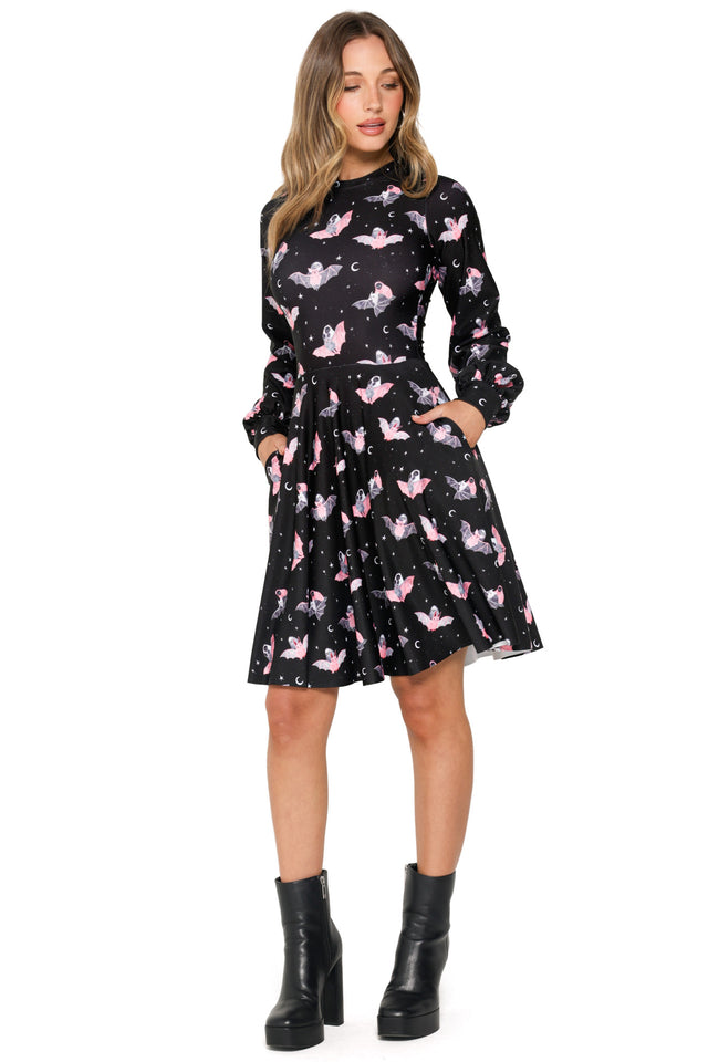 Death Riding Bats Bishop Sleeve Longline Dress