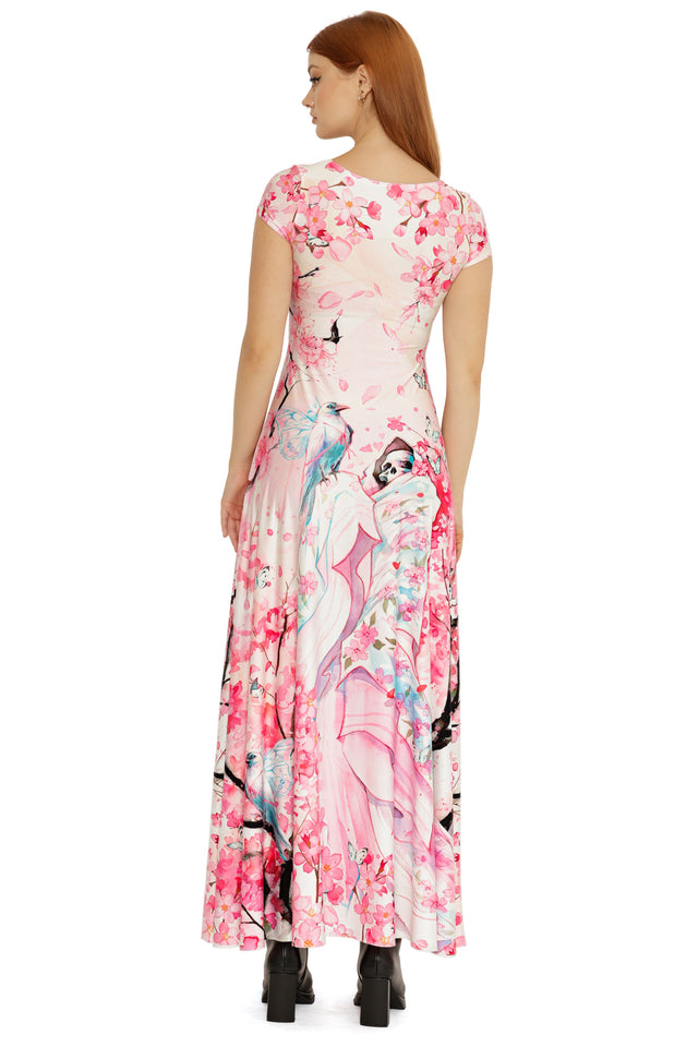 Lora Zombie Death’s Friend Maxi Dress worn full length, highlighting its all-over artistic print and fluid drape through the hem.