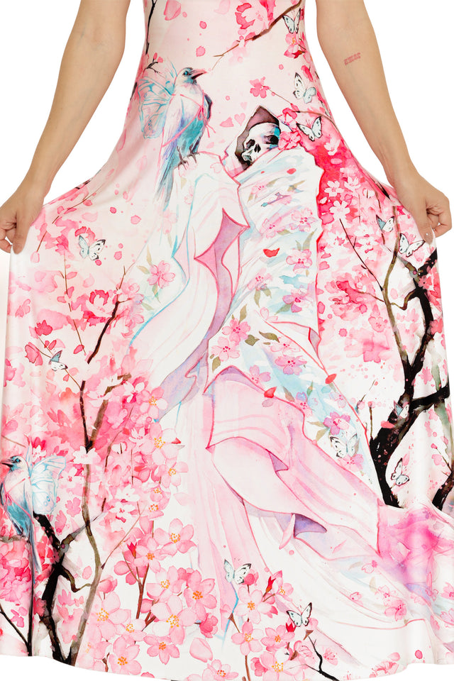 Death’s Friend Cap Sleeve Maxi Dress from the Lora Zombie collection, showcasing a scoop neckline, fitted bodice, and full-length flowing skirt.