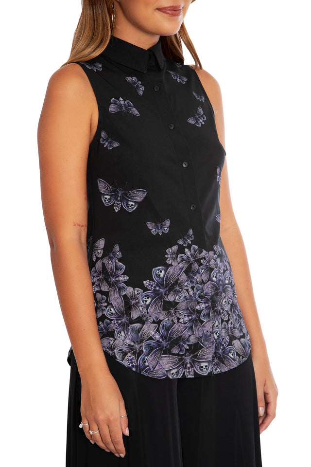 BlackMilk Death's Head Hawkmoth Business Shirt, black button-up with hawkmoth graphic, from the Deathly Drop Collection