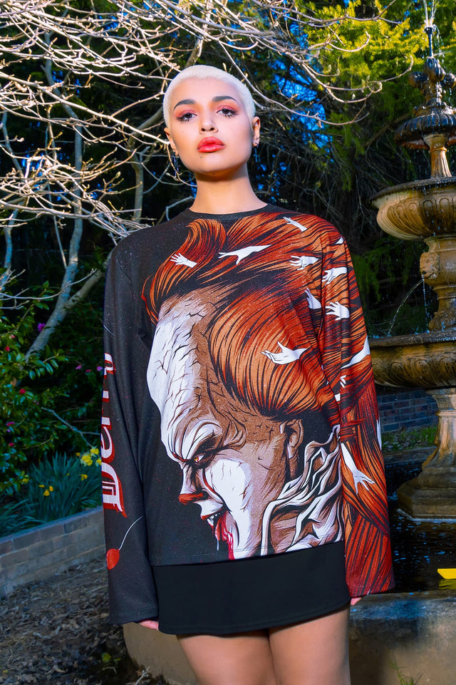 BlackMilk Clothing x Warner Brothers IT - Derry Is Calling Long Sleeve Oversized Boyfriend Tee - Warner Bros. Merchandise - Collaboration apparel - Licenced.