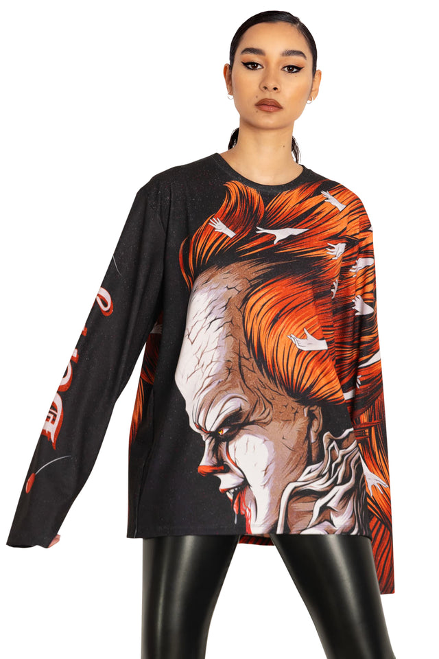 BlackMilk Clothing x Warner Brothers IT - Derry Is Calling Long Sleeve Oversized Boyfriend Tee- Warner Bros. Merchandise - Collaboration apparel - Licenced.