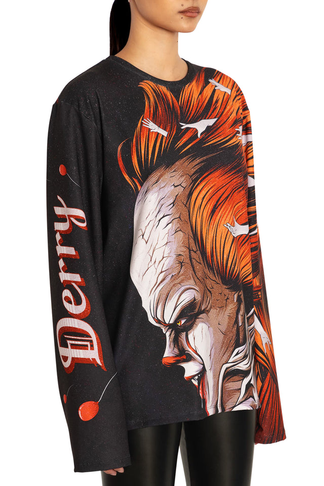 BlackMilk Clothing x Warner Brothers IT - Derry Is Calling Long Sleeve Oversized Boyfriend Tee- Warner Bros. Merchandise - Collaboration apparel - Licenced.