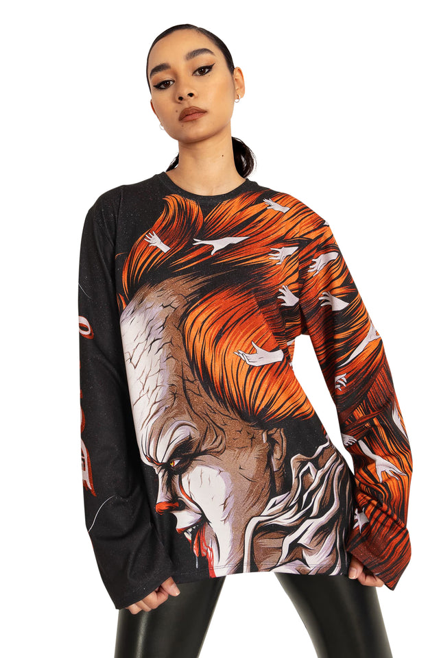 BlackMilk Clothing x Warner Brothers IT - Derry Is Calling Long Sleeve Oversized Boyfriend Tee- Warner Bros. Merchandise - Collaboration apparel - Licenced.