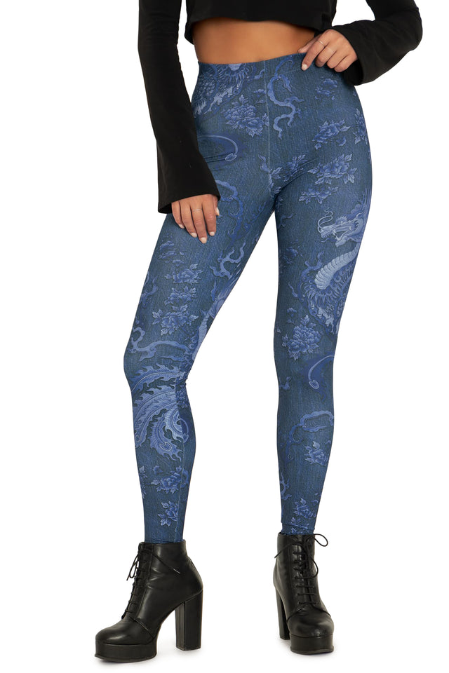 Dragon Rising Denim High Waisted Matte Finish Leggings  Closeup