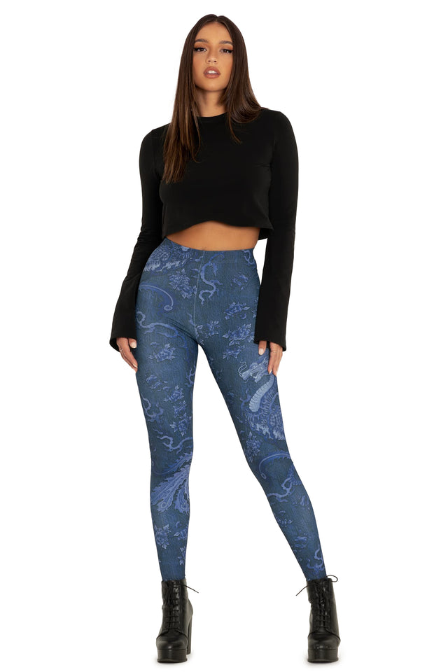 Dragon Rising Denim High Waisted Matte Finish Leggings  Front