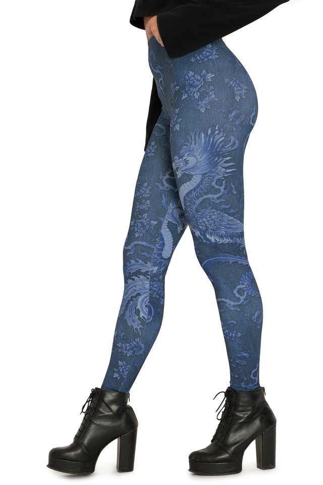 Dragon Rising Denim High Waisted Matte Finish Leggings  Side