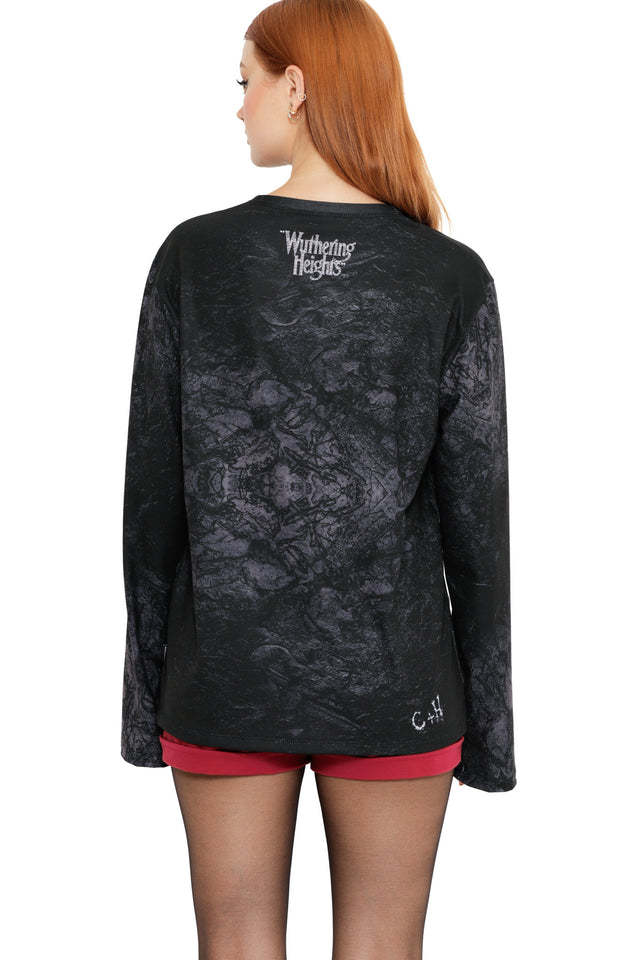 Drive Me Mad Oversized Boyfriend Tee from the Wuthering Heights collection, a black long sleeve tee with bold red script text and relaxed draped fit